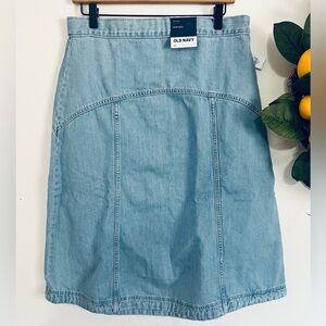 Old Navy high rise drapey denim a line midi skirt light wash